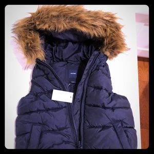 Baby Gap Navy Blue Puffer Vest with Faux Fur Hood